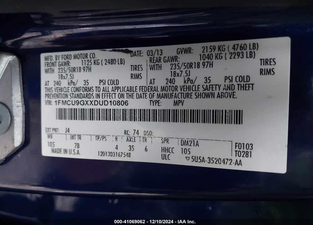 2013 FORD ESCAPE SE VIN: 1FMCU9GXXDUD10806