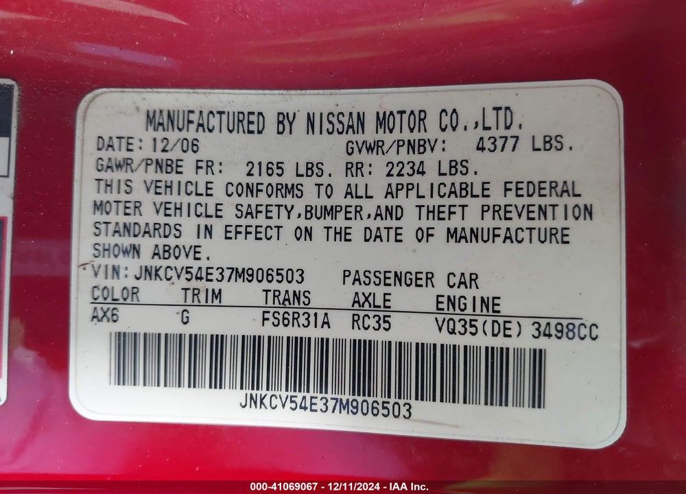 2007 INFINITI G35 VIN: JNKCV54E37M906503