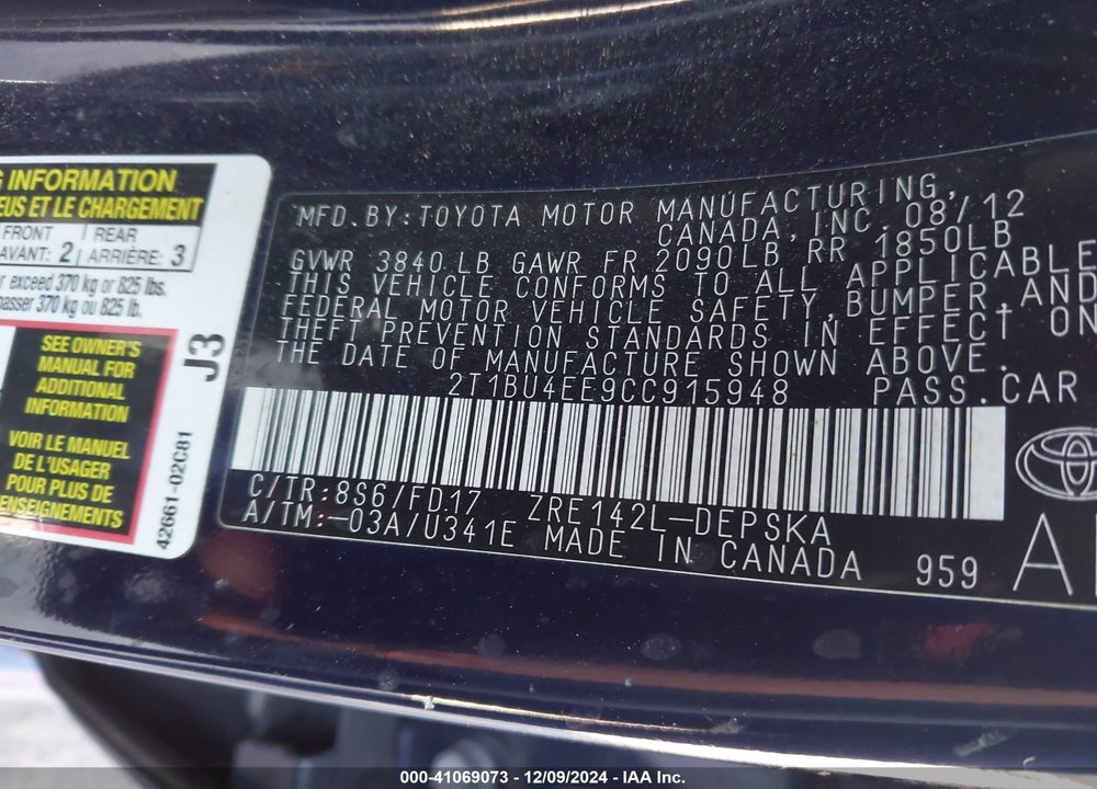 2012 TOYOTA COROLLA S VIN: 2T1BU4EE9CC915948