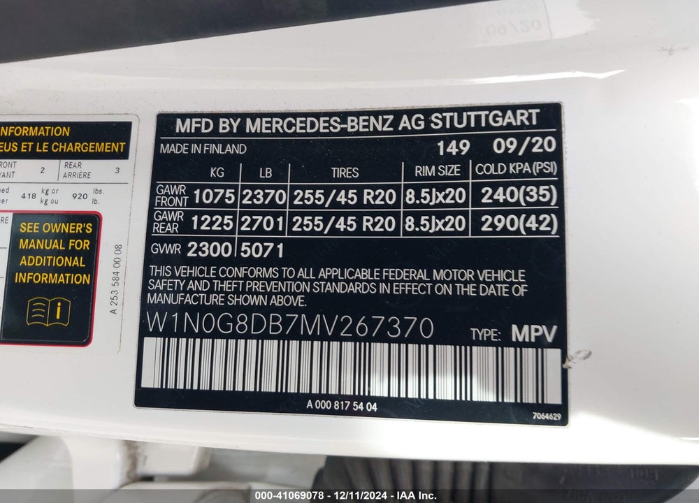 2021 MERCEDES-BENZ GLC 300 SUV VIN: W1N0G8DB7MV267370