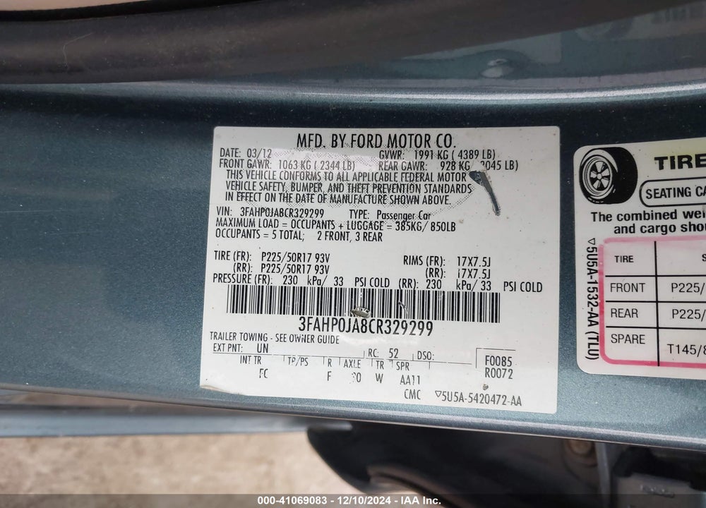 2012 FORD FUSION VIN: 3FAHP0JA8CR329299