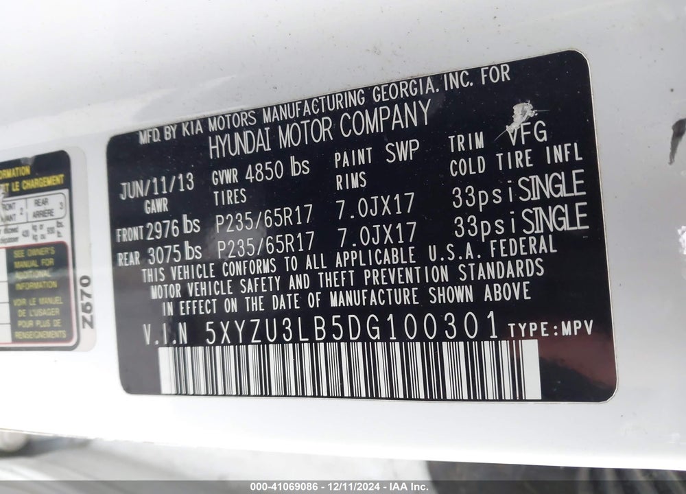 2013 HYUNDAI SANTA FE SPORT VIN: 5XYZU3LB5DG100301