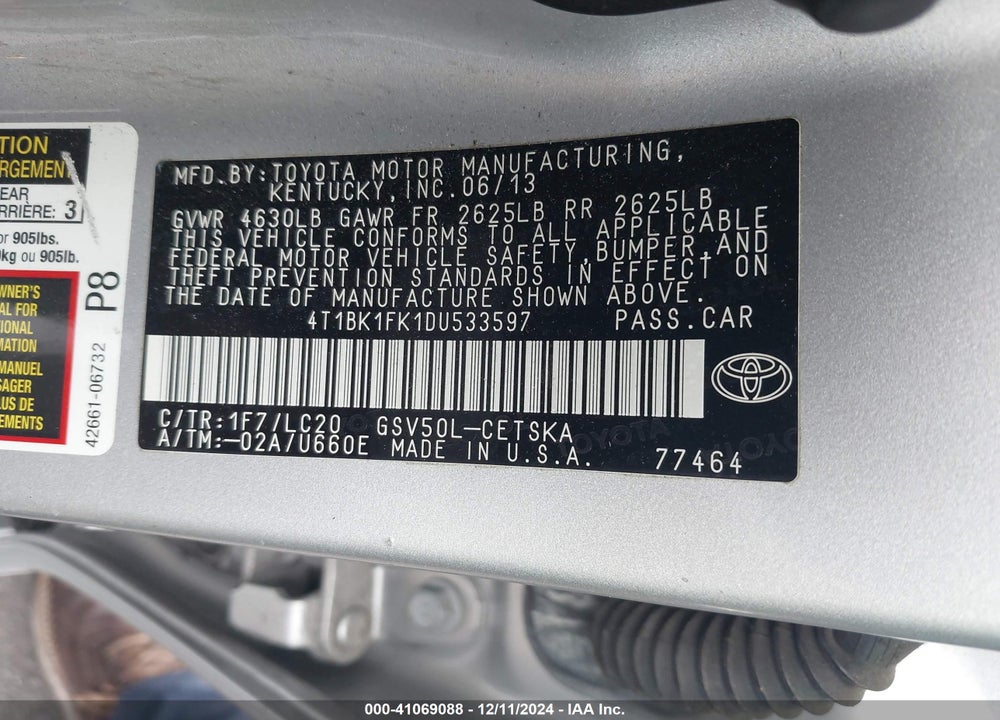 2013 TOYOTA CAMRY SE V6 VIN: 4T1BK1FK1DU533597