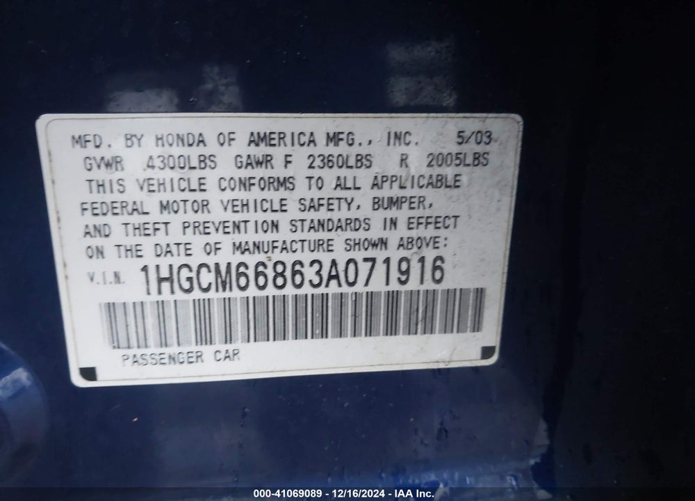 2003 HONDA ACCORD 3.0 EX VIN: 1HGCM66863A071916