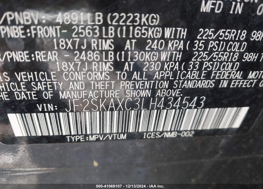 2020 SUBARU FORESTER TOURING VIN: JF2SKAXC3LH434543