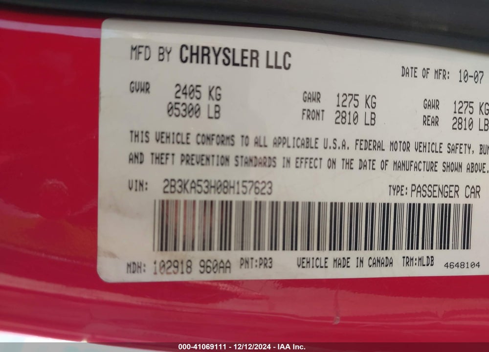 2008 DODGE CHARGER R/T VIN: 2B3KA53H08H157623