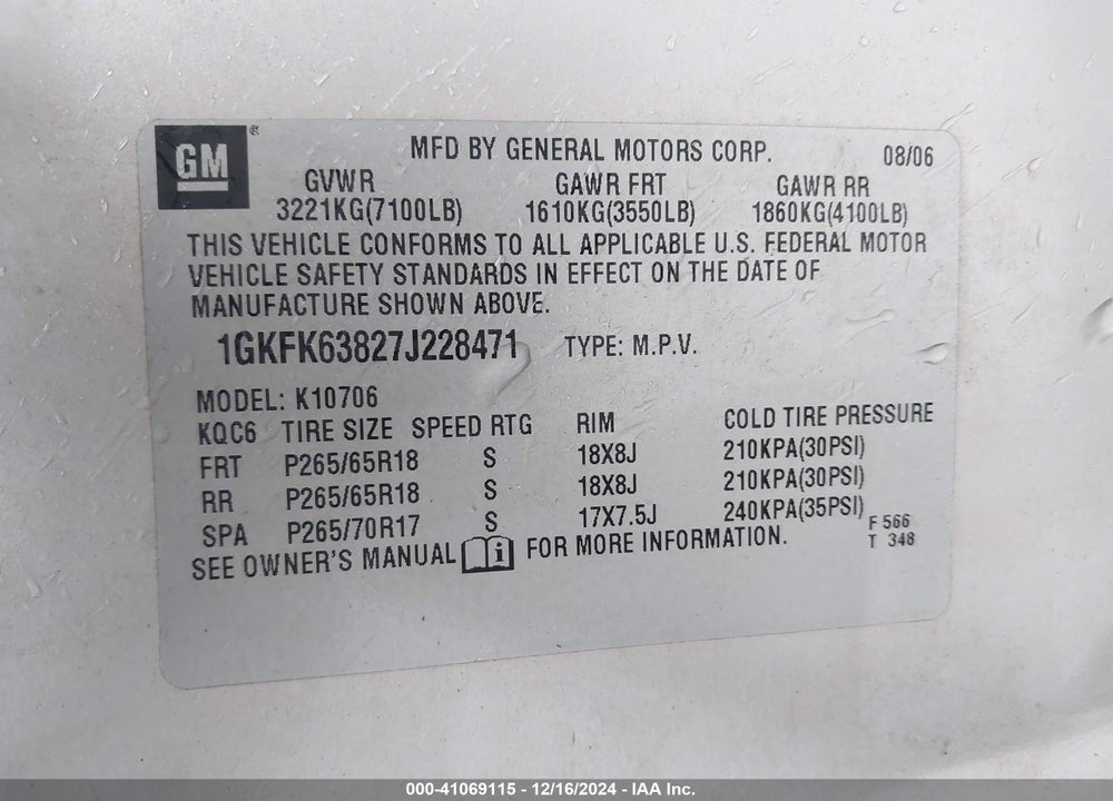 2007 GMC YUKON DENALI VIN: 1GKFK63827J228471