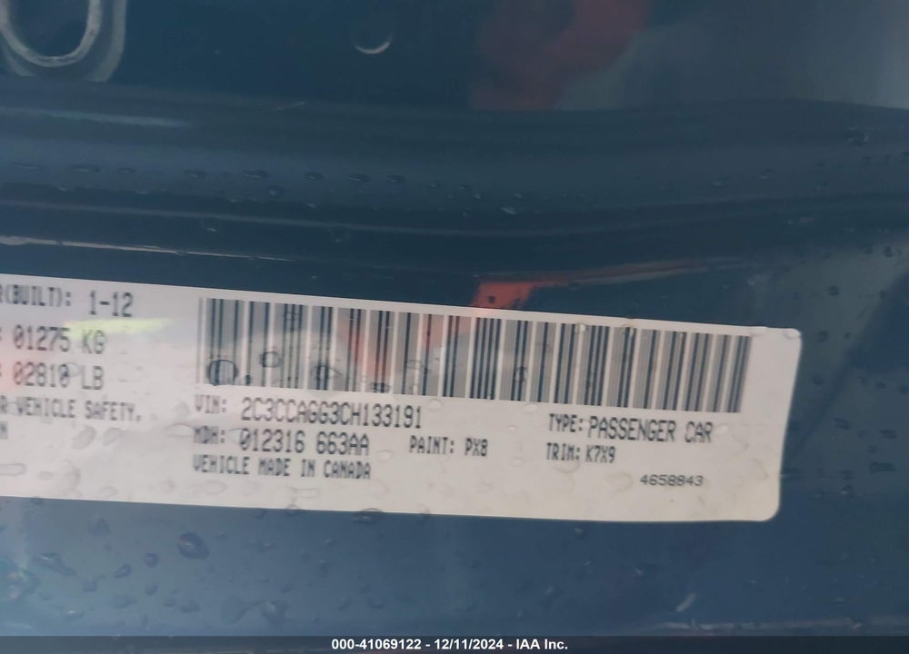 2012 CHRYSLER 300 S V6 VIN: 2C3CCAGG3CH133191