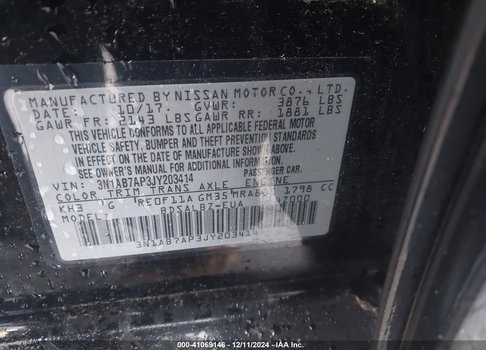 2018 NISSAN SENTRA VIN: 3N1AB7AP3JY203414