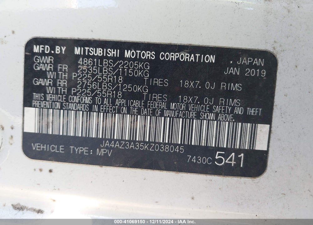 2019 MITSUBISHI OUTLANDER ES/LE/SE/SEL VIN: JA4AZ3A35KZ038045