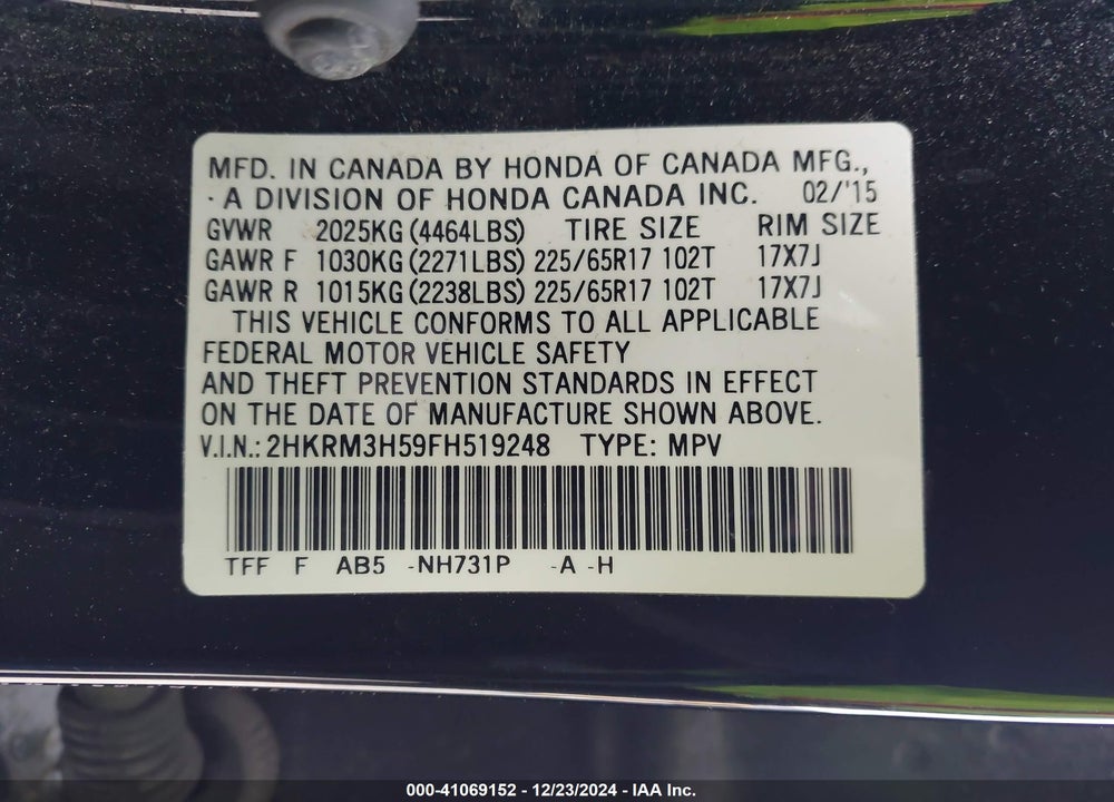 2015 HONDA CR-V EX VIN: 2HKRM3H59FH519248