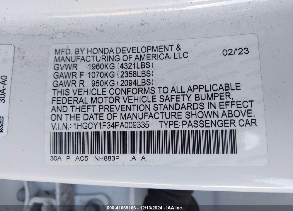 2023 HONDA ACCORD EX VIN: 1HGCY1F34PA009335