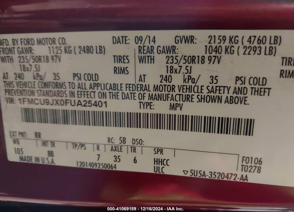 2015 FORD ESCAPE TITANIUM VIN: 1FMCU9JX0FUA25401