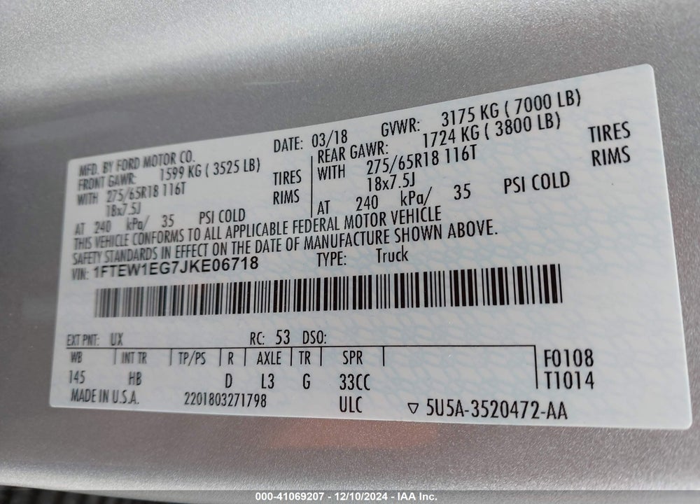 2018 FORD F-150 VIN: 1FTEW1EG7JKE06718