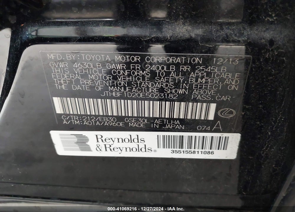 2014 LEXUS IS 250 VIN: JTHBF1D20E5023182