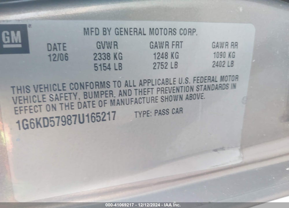 2007 CADILLAC DTS PERFORMANCE VIN: 1G6KD57987U165217