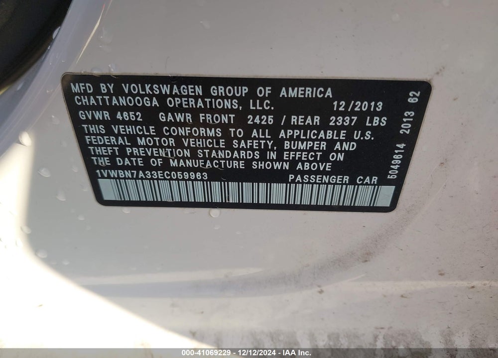2014 VOLKSWAGEN PASSAT 2.0L TDI SE VIN: 1VWBN7A33EC059963