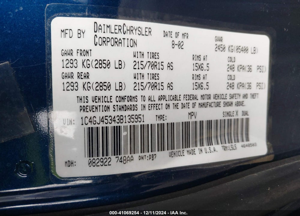 2003 CHRYSLER VOYAGER LX VIN: 1C4GJ45343B135951