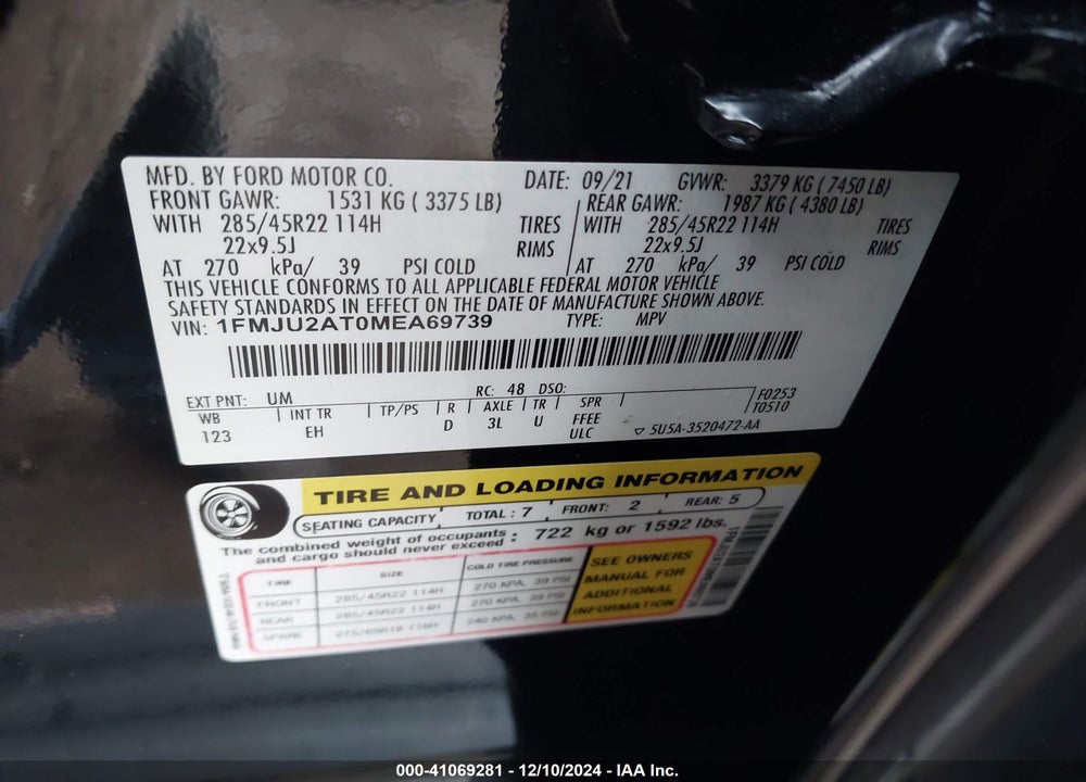 2021 FORD EXPEDITION LIMITED VIN: 1FMJU2AT0MEA69739