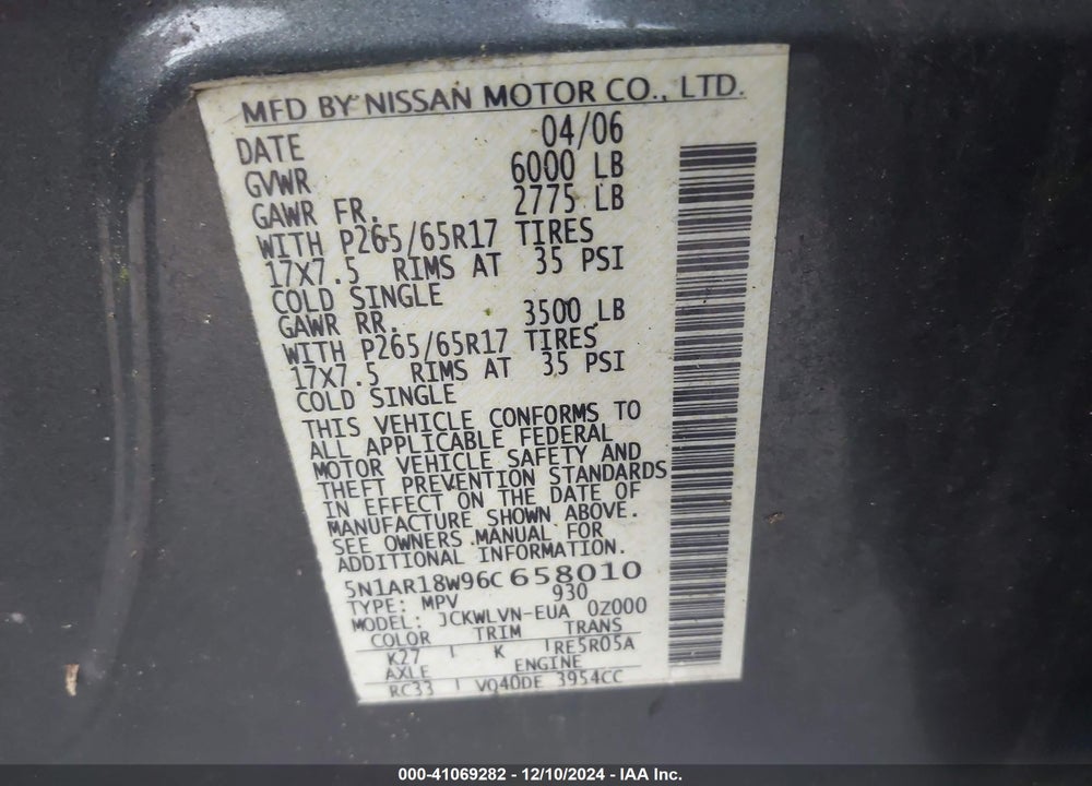 2006 NISSAN PATHFINDER LE VIN: 5N1AR18W96C658010