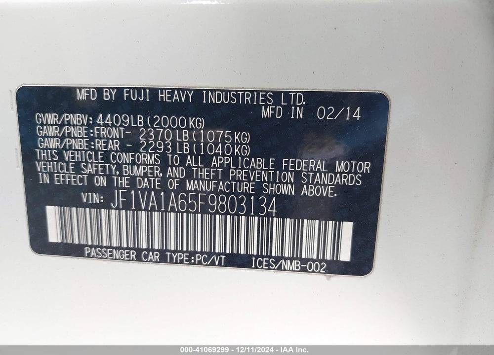 2015 SUBARU WRX VIN: JF1VA1A65F9803134