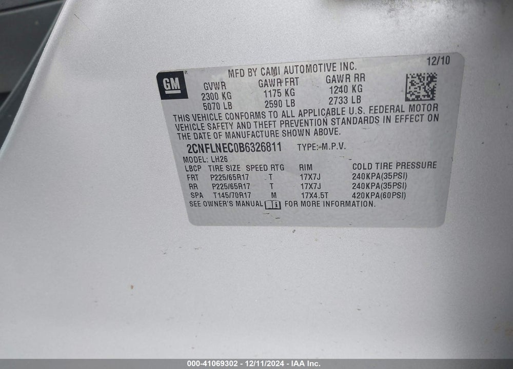 2011 CHEVROLET EQUINOX 2LT VIN: 2CNFLNEC0B6326811