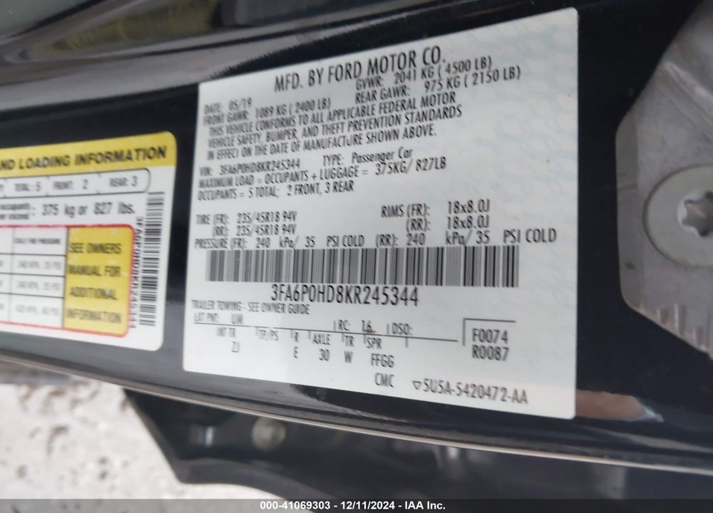 2019 FORD FUSION SE VIN: 3FA6P0HD8KR245344