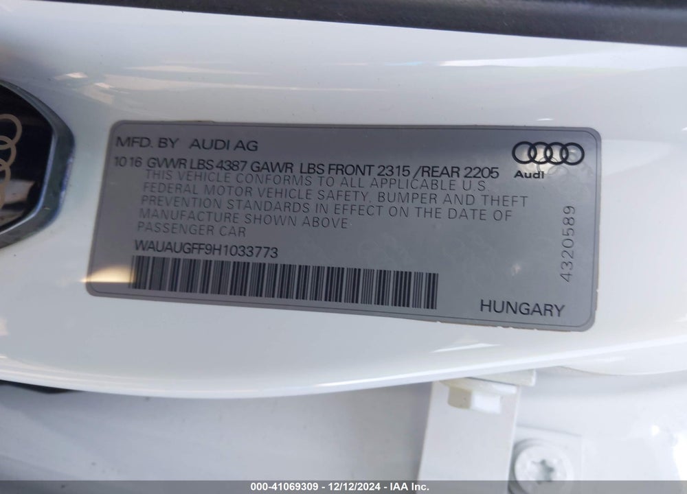 2017 AUDI A3 2.0T PREMIUM VIN: WAUAUGFF9H1033773