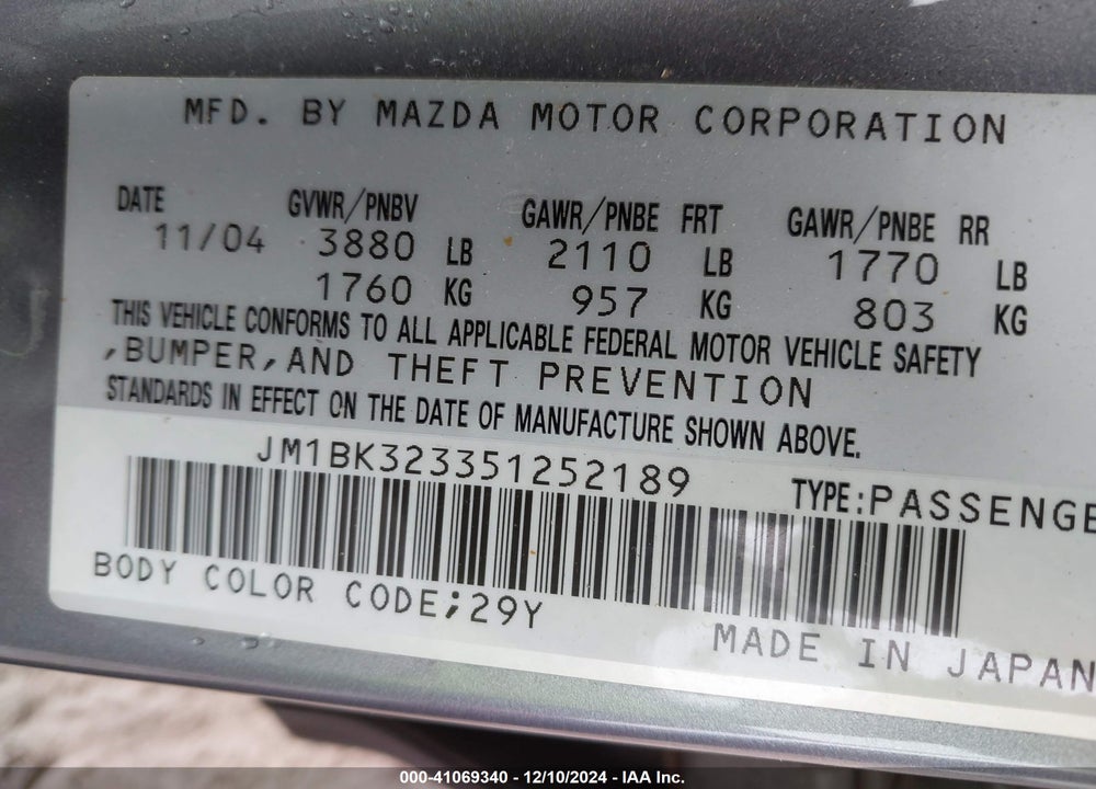 2005 MAZDA 3 S VIN: JM1BK323351252189