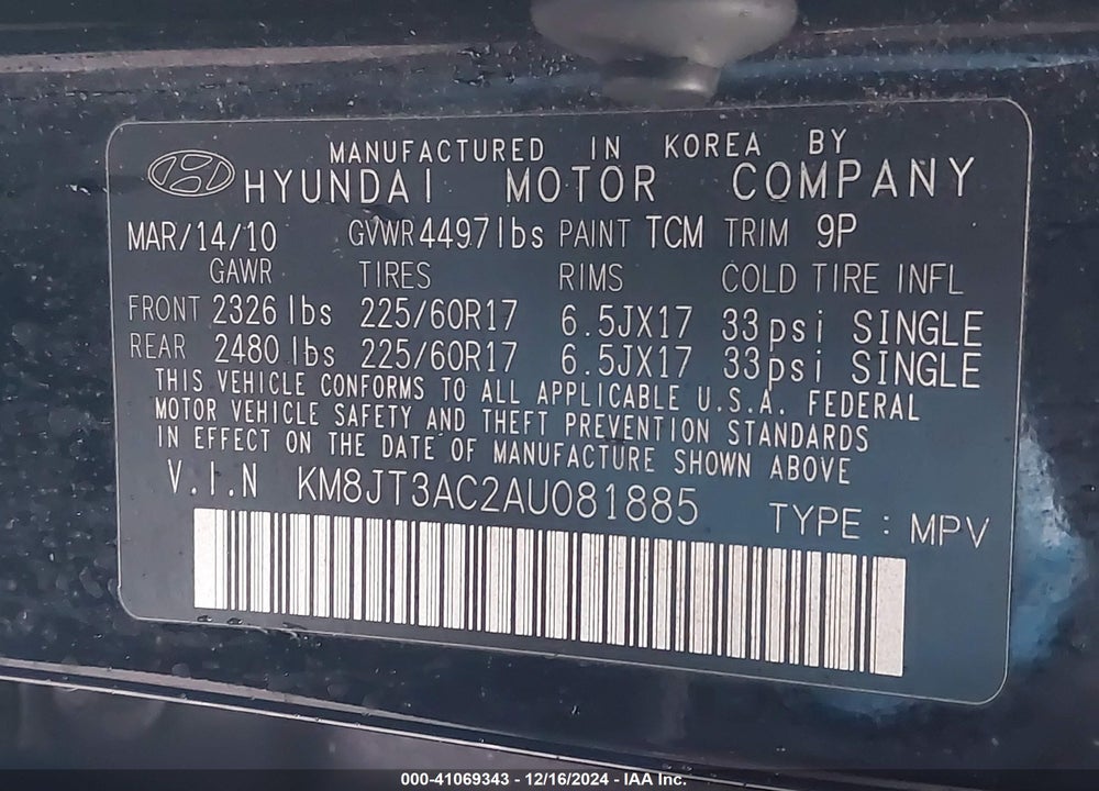 2010 HYUNDAI TUCSON GLS VIN: KM8JT3AC2AU081885