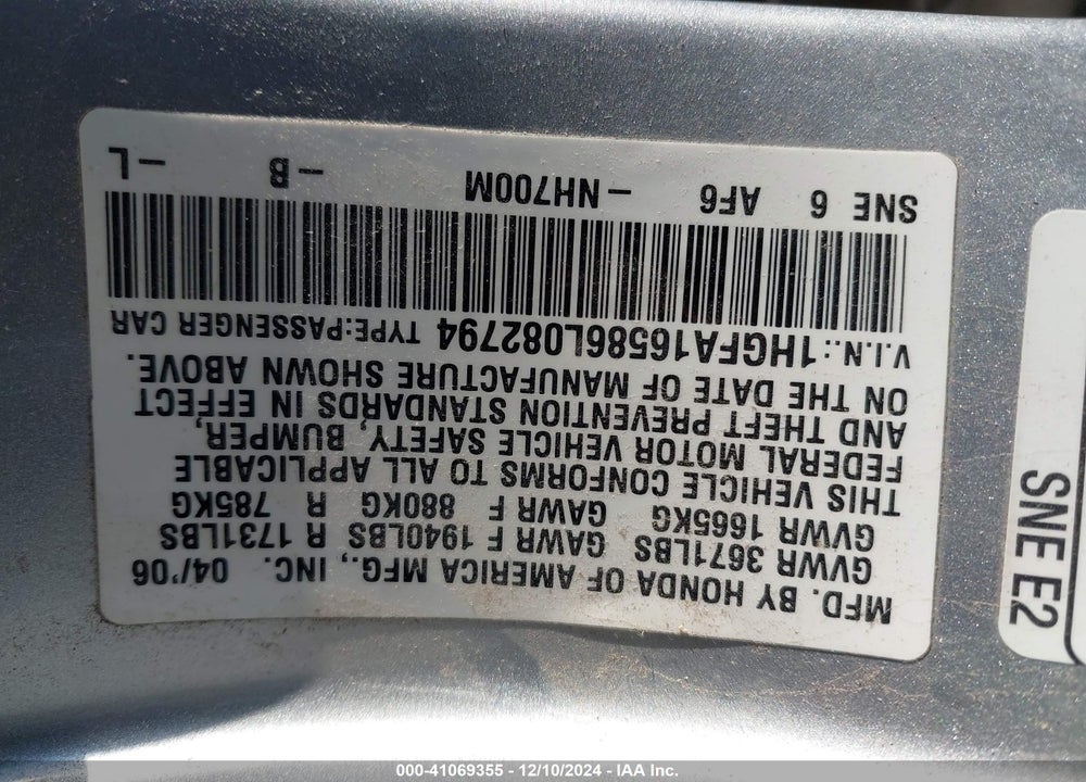 2006 HONDA CIVIC LX VIN: 1HGFA16586L082794