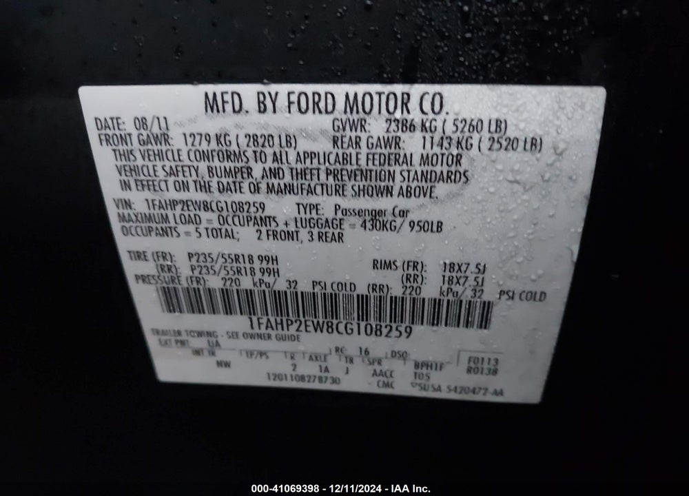 2012 FORD TAURUS SEL VIN: 1FAHP2EW8CG108259