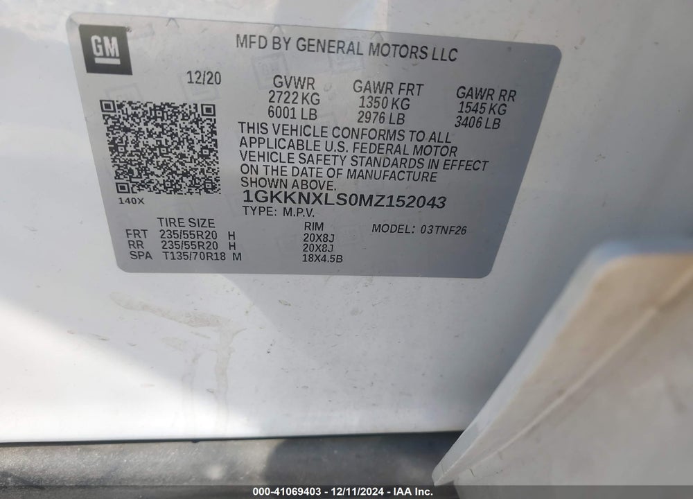 2021 GMC ACADIA VIN: 1GKKNXLS0MZ152043