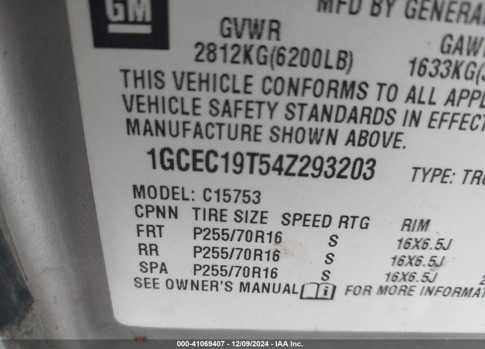 2004 CHEVROLET SILVERADO 1500 VIN: 1GCEC19T54Z293203
