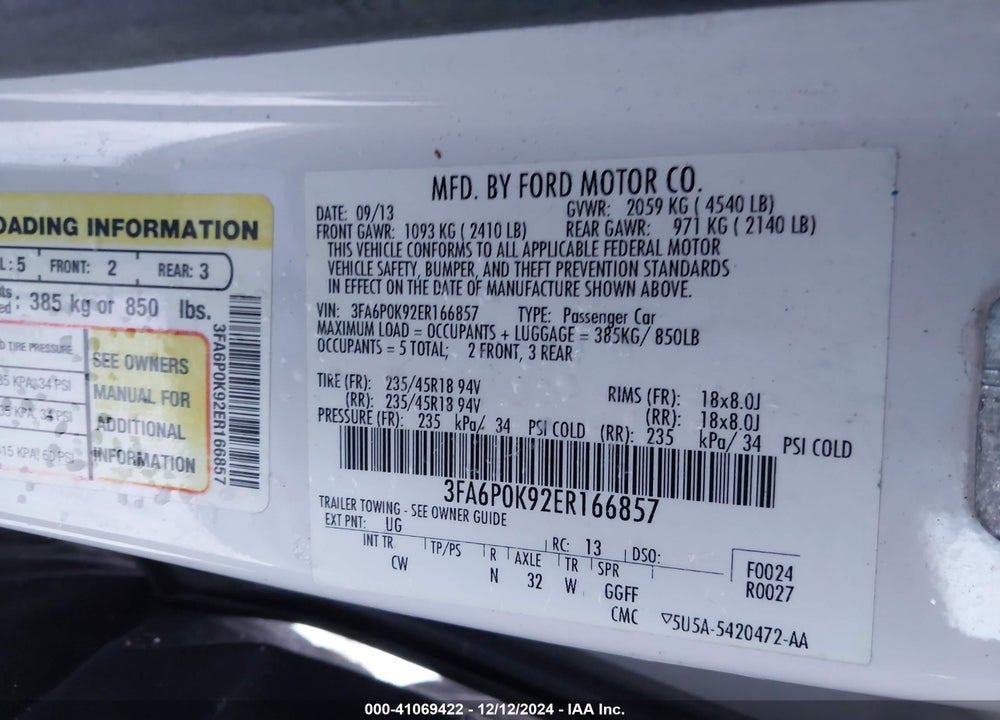 2014 FORD FUSION TITANIUM VIN: 3FA6P0K92ER166857