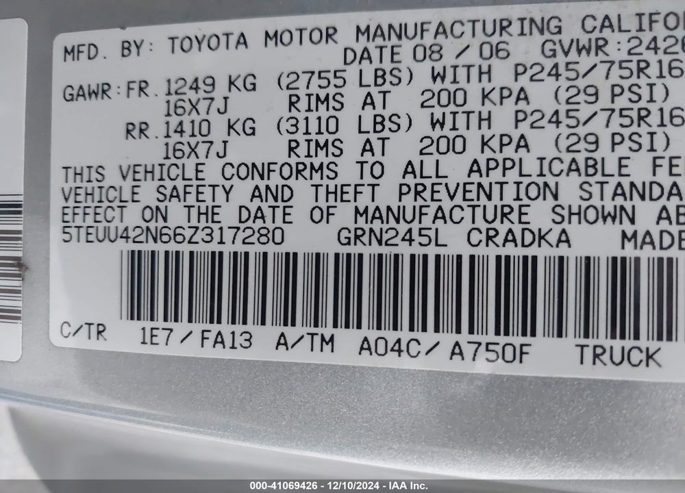 2006 TOYOTA TACOMA BASE V6 VIN: 5TEUU42N66Z317280