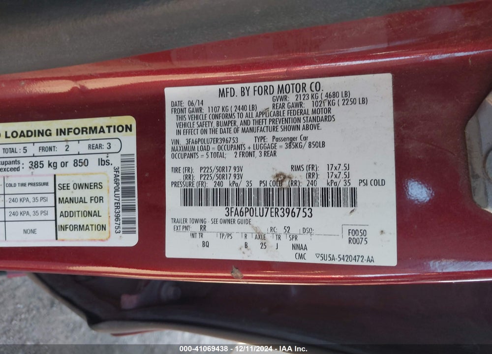 2014 FORD FUSION HYBRID SE VIN: 3FA6P0LU7ER396753