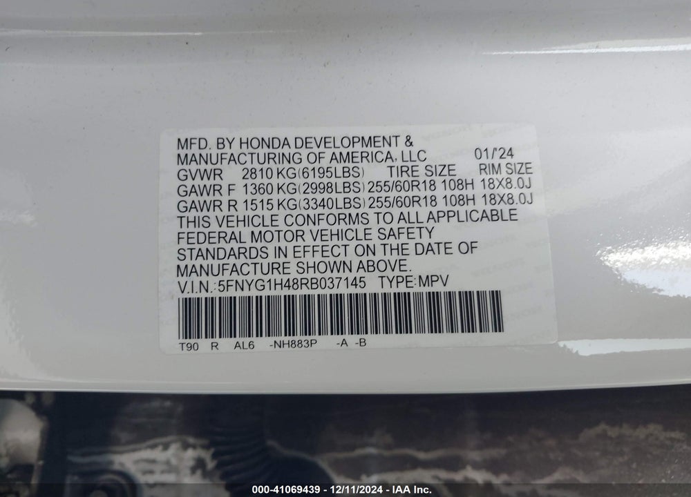 2024 HONDA PILOT EX-L VIN: 5FNYG1H48RB037145