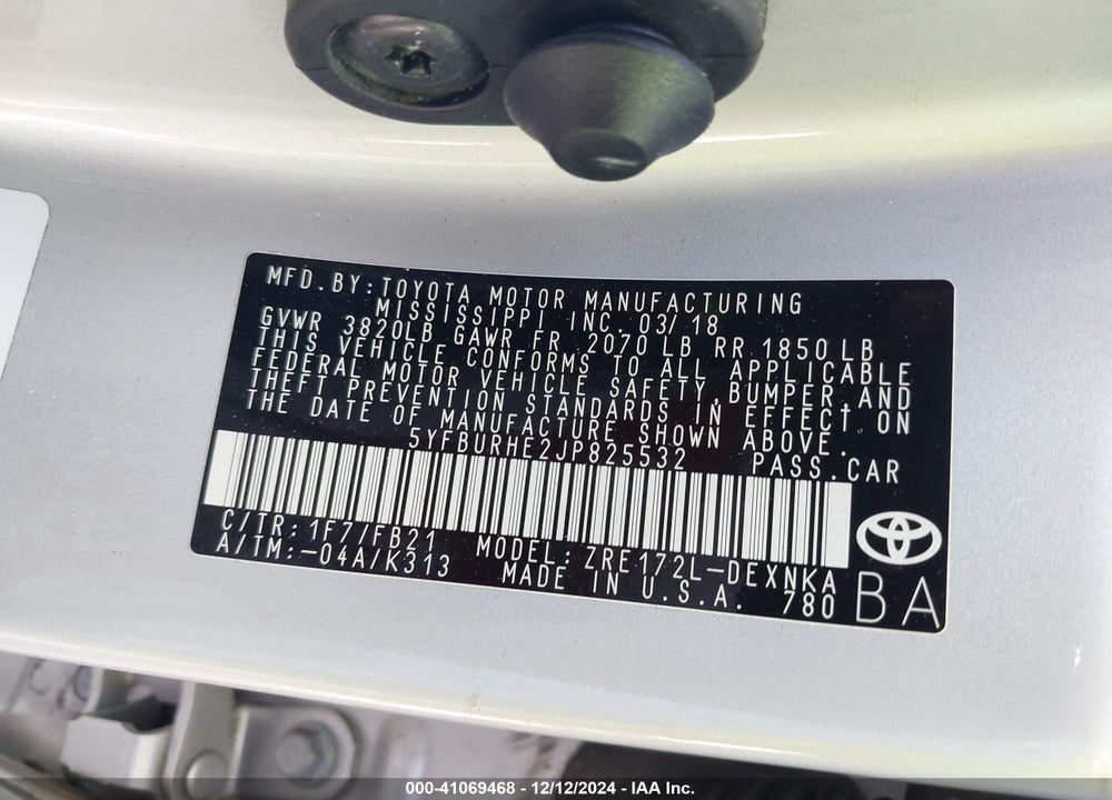 2018 TOYOTA COROLLA VIN: 5YFBURHE2JP825532