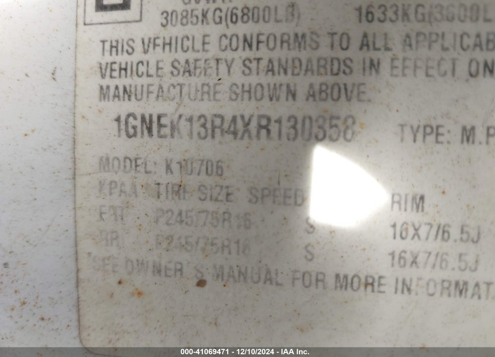 1999 CHEVROLET TAHOE LS VIN: 1GNEK13R4XR130358