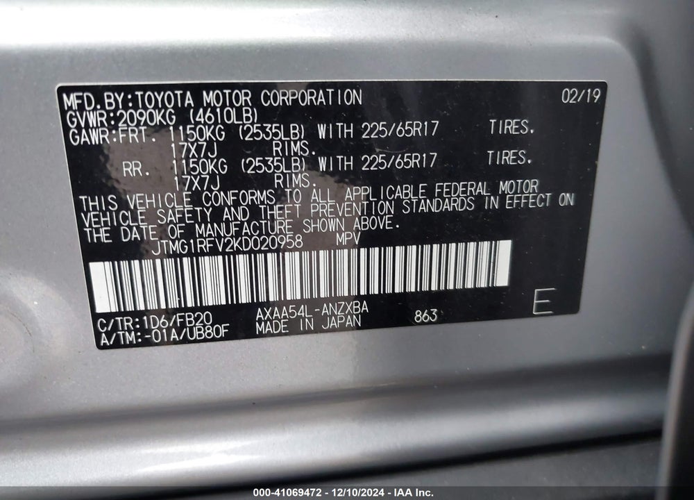 2019 TOYOTA RAV4 LE VIN: JTMG1RFV2KD020958