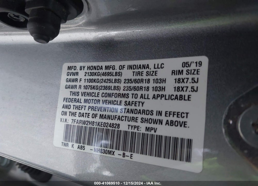 2019 HONDA CR-V EX-L VIN: 7FARW2H81KE024828