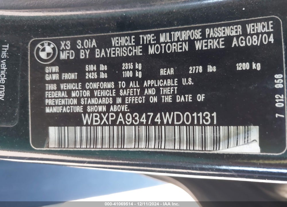 2004 BMW X3 3.0I VIN: WBXPA93474WD01131
