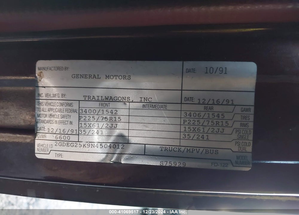 1992 GMC RALLY WAGON / VAN G2500 VIN: 2GDEG25K9N4504012