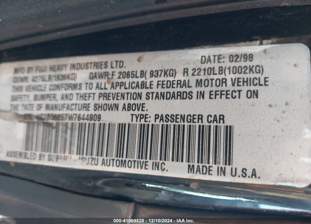 1998 SUBARU LEGACY OUTBACK/OUTBACK LIMITED/OUTBACK SPORT VIN: 4S3BG6857W7644909