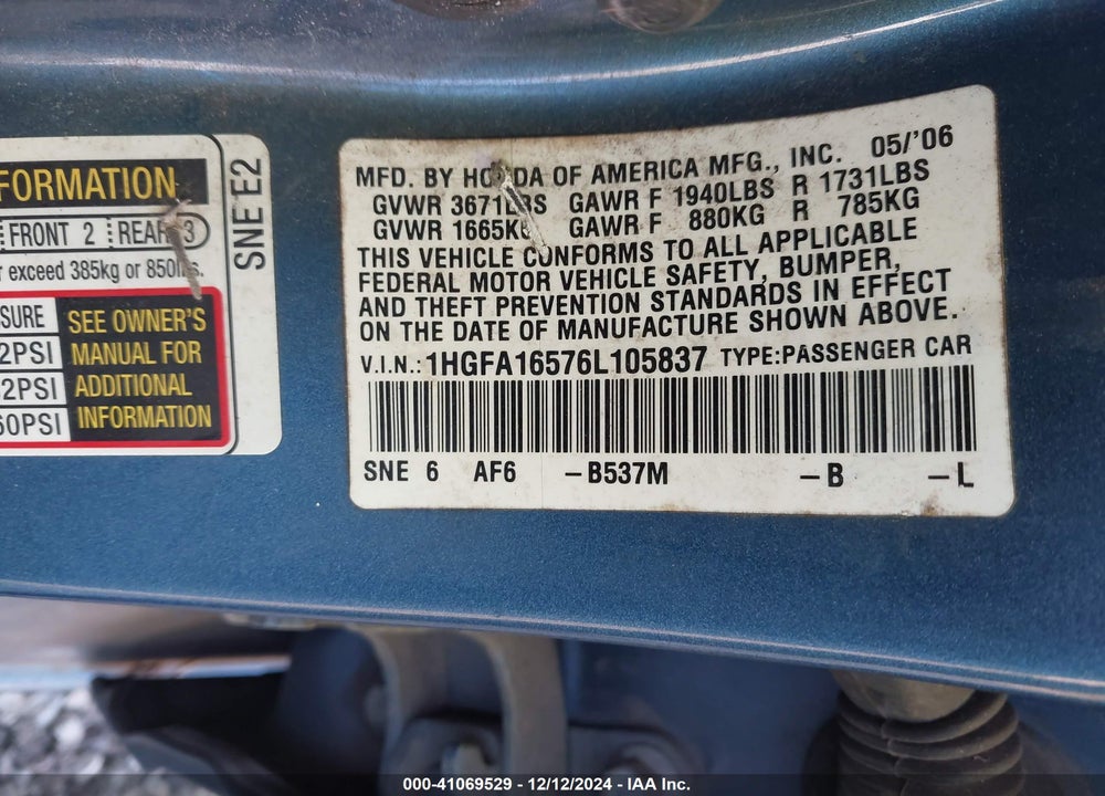 2006 HONDA CIVIC LX VIN: 1HGFA16576L105837