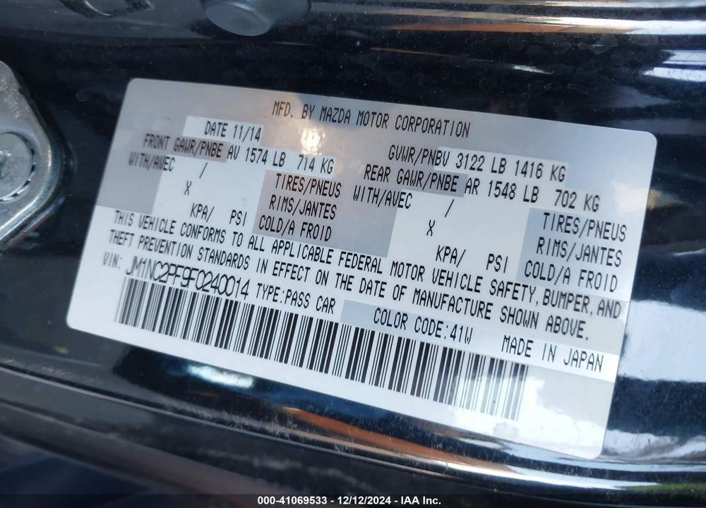 2015 MAZDA MX-5 MIATA GRAND TOURING VIN: JM1NC2PF9F0240014