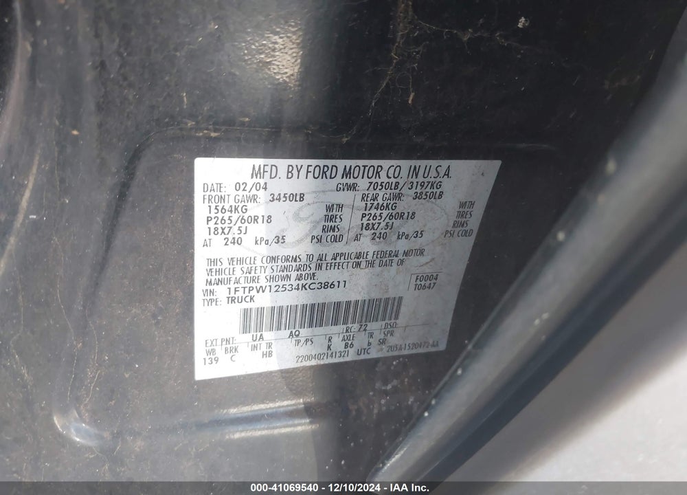 2004 FORD F-150 VIN: 1FTPW12534KC38611