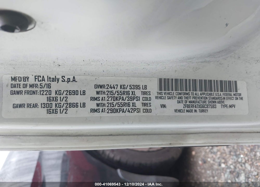 2016 RAM PROMASTER CITY TRADESMAN VIN: ZFBERFATXG6C87593