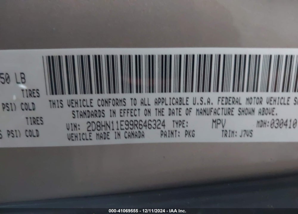 2009 DODGE GRAND CARAVAN CV VIN: 2D8HN11E99R646324